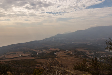 The mountain slope of the Demerdzhi massif. View of the valley from the top of the trailの写真素材