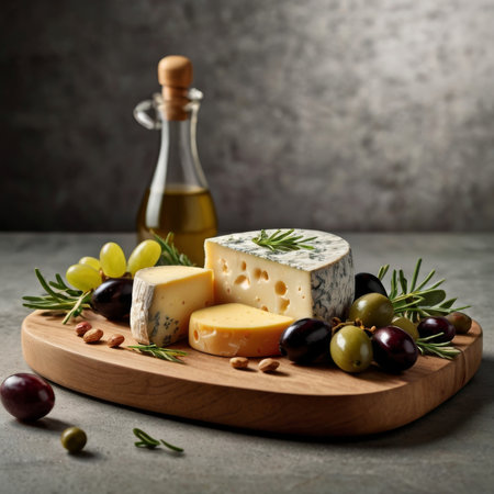 Cheese platter with olives, rosemary and honey on gray backgroundの素材