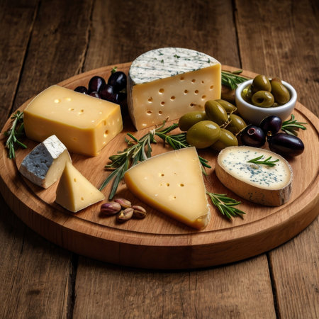 Cheese platter with olives, nuts and rosemary on wooden tableの素材