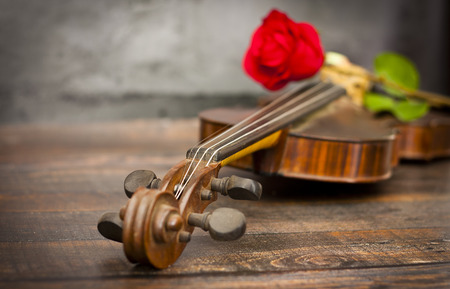 Violin and red rose on a wooden tableの写真素材