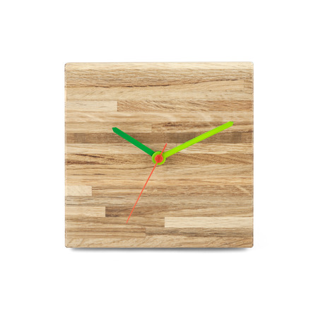 Simple wooden wall watch - Square clock isolated on white backgroundの写真素材