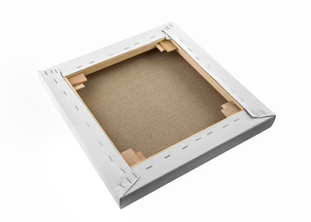 Gallery wrapped blank canvas on wooden frame - stretcher bar frames back side isolated on whiteの写真素材