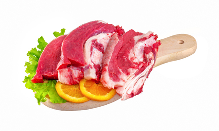Fresh and raw meat ribs and pork chops isolated on white backgroundの写真素材