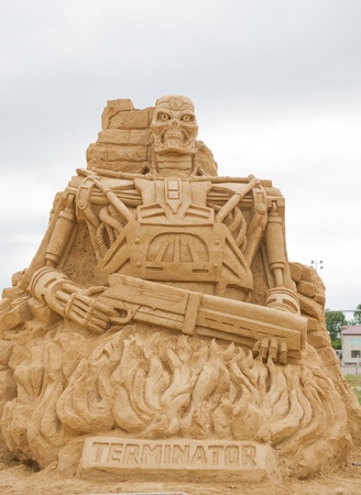 BURGAS, BULGARIA - JULY 2011:The Terminator on the Sand Sculptures festival in Burgas.The participants are from eight countries: Russia, Ukraine, Latvia, Poland, Bulgaria, Czech Republic, Australia.のeditorial素材