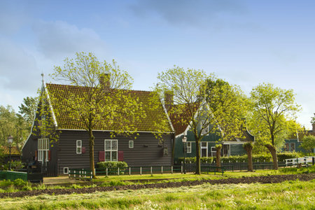 rural dutch scenery of small old houses and canal in Zaanse, Netherlandsの写真素材