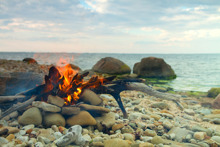 Inviting campfire on the beach during the summerの写真素材