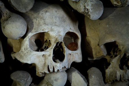 old bones and skulls in the Gothic vault of Kutna Hora. Ossuary.の写真素材