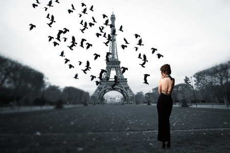 stylish girl stands in the center of Paris, near the Eiffel Tower. soars in the sky a flock of crows.のeditorial素材