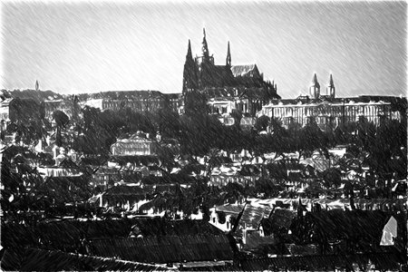 Black and white sketch sketches recognizable places in Europe. Most mystical and mysterious city in Europe. Prague through the eyes of birdsの写真素材