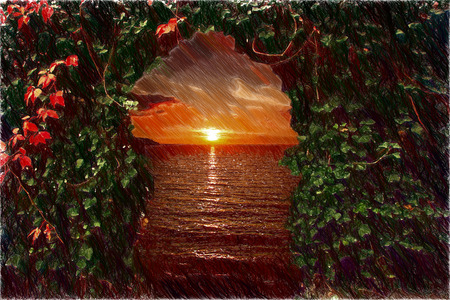 door to a vineyard overlooking the sea. vintage photoの写真素材