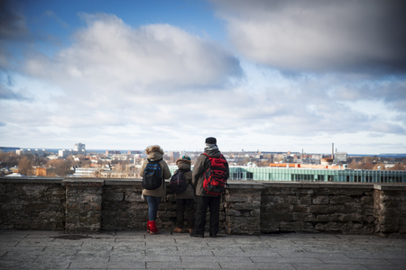 Tourists on a viewing platform Old Tallinnの写真素材