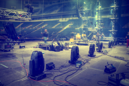 stage before the concert shines the beams of searchlightsの写真素材