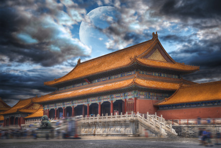 Forbidden City is the largest palace complex in the world. Located in the heart of Beijing. In the evening by the light of the moonのeditorial素材