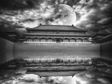 Forbidden City is the largest palace complex in the world. Located in the heart of Beijing . In the evening by the light of the moon. black and white photographyのeditorial素材