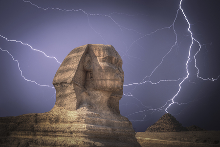 pyramids in Giza. Complex of ancient buildings in Egypt. Powerful lightning strike.の写真素材