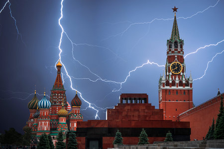 Red square is the main symbol of Russia. Moscow. Powerful lightning strike.