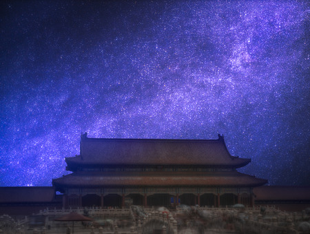 Forbidden City is the largest palace complex in the world. Located in the heart of Beijing. Astrophotography, night starry skyのeditorial素材