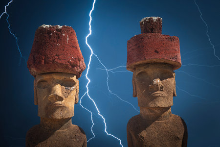 Strong thunder and powerful flashes of lightning.A statue on Easter Island or Rapa Nui in the...
