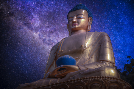 Starry night sky. Golden Buddha in Kathmandu  の写真素材