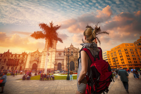 A traveler with a backpack. Panoramic view of Lima main square and cathedral church.の写真素材