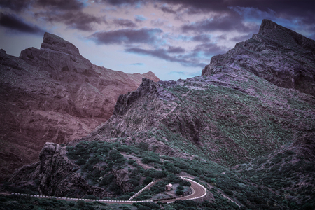 View of Masca village with palms and mountains, Tenerife, Canary islands, Spainの写真素材