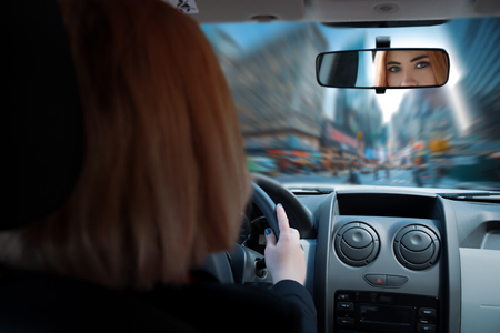girl driving a car New York. United Statesの写真素材
