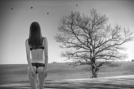 woman in sexy underwear in a mystical forestの写真素材
