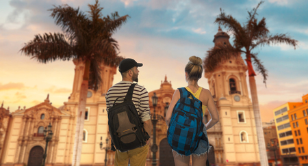 A married couple travels around the city of Lima, Peruの写真素材