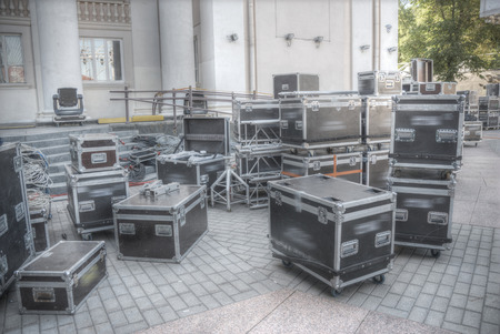Preparing the stage for a concert in the open air.の写真素材