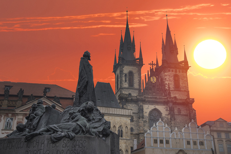 Summer heat. Prague Old town square, Tyn Cathedral. under sunlight.のeditorial素材
