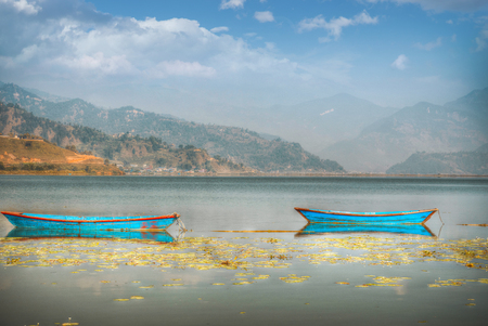 Lake Phewa - at the second largest lake in Nepal located in the Pokhara Valley near Pokhara and Sarangkot mountainの写真素材