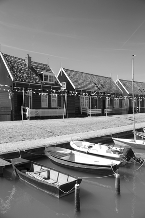 black and white photography. Traditional houses in Holland town Volendam, Netherlandsのeditorial素材