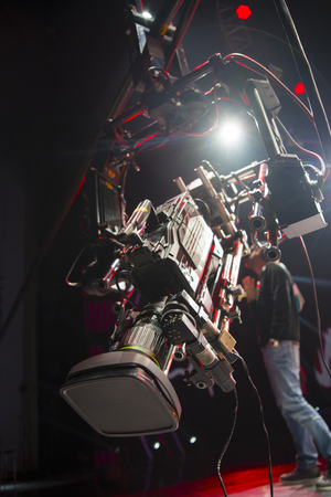 television crane. Shooting a TV show on the street.の写真素材
