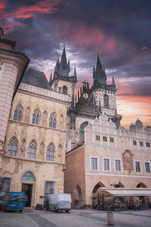 Prague Old town square, Tyn Cathedral. under sunlight.の写真素材