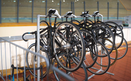 Bicycles for the cycle track are on the stand