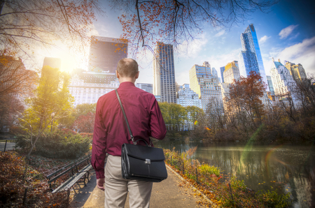 Man walks in central park in New York.の写真素材
