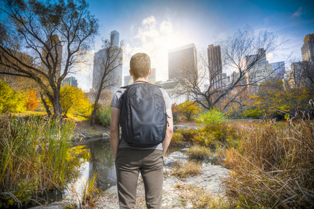 A man stands in Central Park . New York City. Manhattanの写真素材