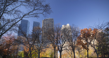 New York City Manhattan Central Park panorama in Autumn lake with skyscrapers and colorful trees with reflection.の写真素材