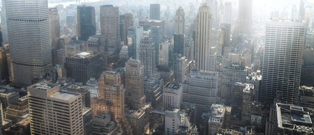 New York City Manhattan street aerial view black and white with skyscrapers, pedestrian and busy traffic.の写真素材