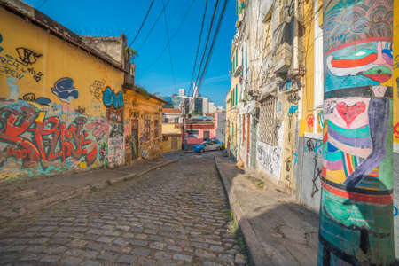 Popular bohemian area of ââSanta Teresa in Rio de Janeiro. Historic buildings are painted with graffiti.のeditorial素材