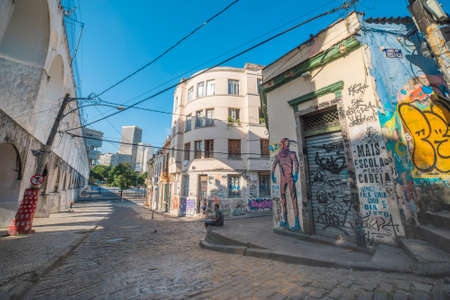 Popular bohemian area of ââSanta Teresa in Rio de Janeiro. Historic buildings are painted with graffiti.のeditorial素材
