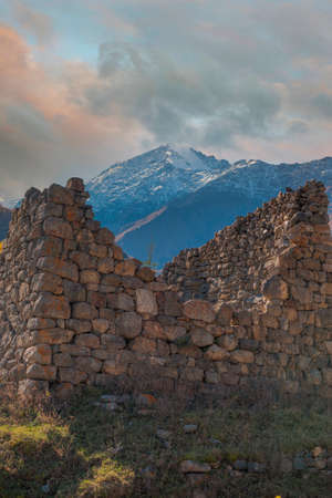 tower on the background of the caucasus mountains. North ossetiaのeditorial素材