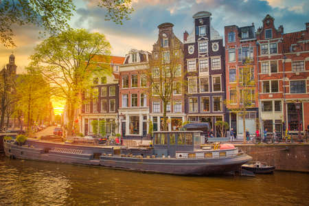 Ancient streets and canals in the city center of Amsterdam. Netherlands.のeditorial素材