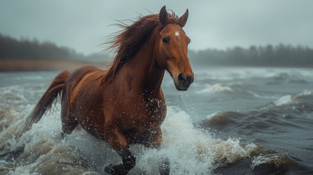 a horse gallops through the waves on the seashoreの素材
