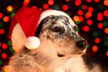 Border collie Australian shepherd mix dog closeup wearing santa hat with bokeh Christmas lights in background looking regal wise statuesque watching waiting patientの写真素材