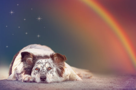 Border collie australian shepherd mix dog lying down under stars and rainbow with ears half alert wearing white scarf looking alert curious adventurous watching waiting listening expectant hopeful bright eyed excited wishful hopeful magical surreal sereneの写真素材