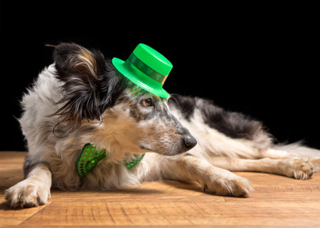 Border collie Australian shepherd dog canine pet wearing green Irish leprachaun saint patrick day hat costume while lying on wooden floor looking at camera in a mischievous guilty prankster wayの写真素材