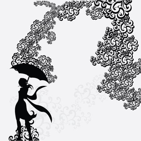 Woman with umbrella silhouette under abstract swirlのイラスト素材