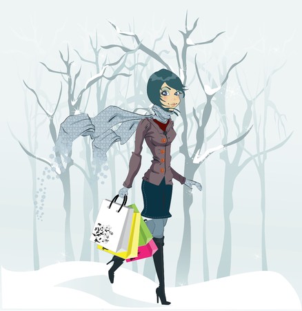 Winter girl and snowfall. illustration のイラスト素材