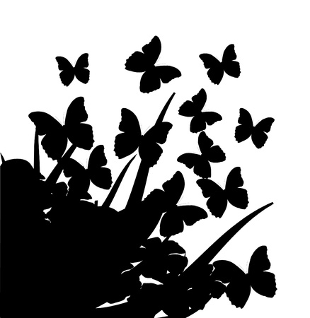 Illustration with silhouettes of butterflies, flowers and grass のイラスト素材